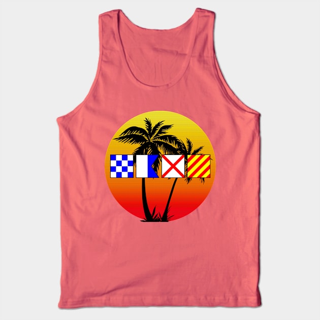 NAVY spelled out with Signal Flags Sunset Palm Trees Tank Top by Sneek661